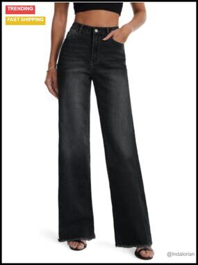 Wide Leg Stretch Denim Jeans Raw Hem Mid-Rise Tall Inseam